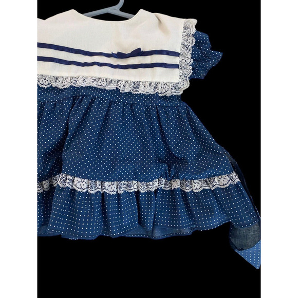 Vintage Sailor Dress Baby Girls Size 18M Blue White Peter Pan Collar Swing Skirt - Picture 5 of 10